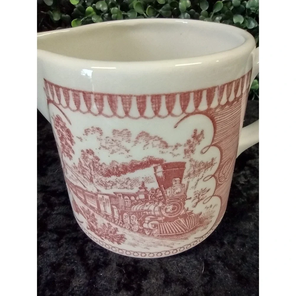Vtg Mauve Red Transferware Creamer Locomotive Train Scene Unbranded Pink Rose